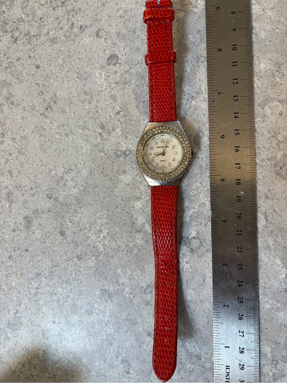 Bloomingdale’s Red Leather Strap Crystal Accent Watch